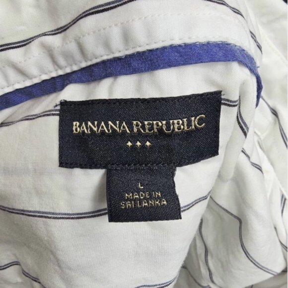 Banana Republic Shirt L Cotton White Navy Stripe Button Front Long Sleeve Pocket - Picture 3 of 9